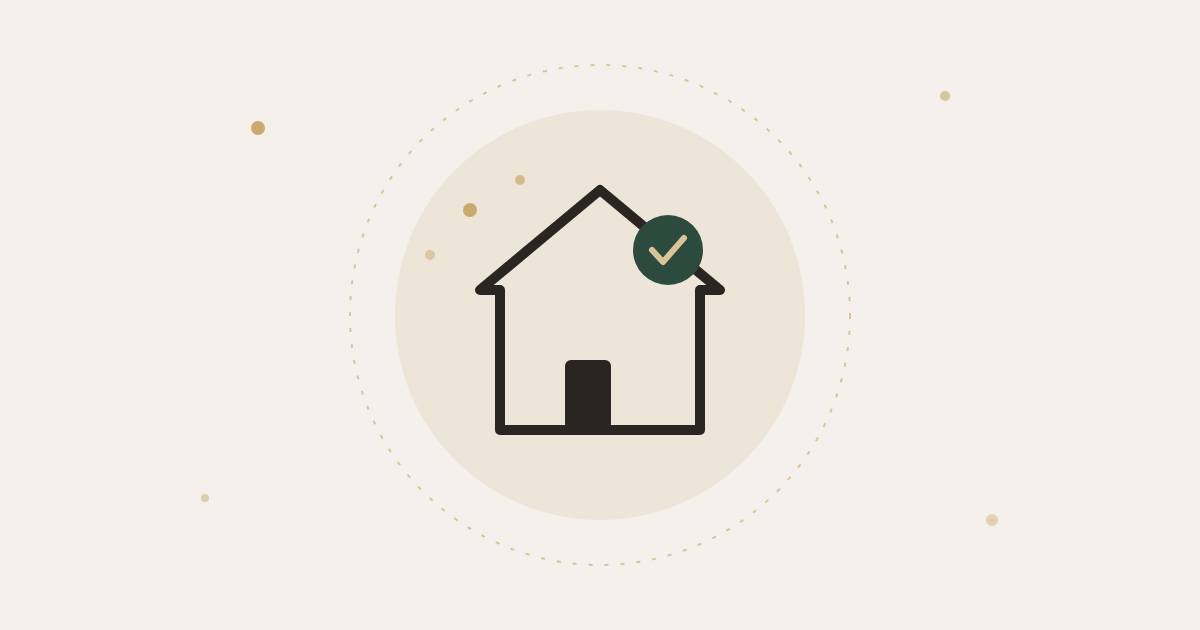 Ilustração do guia de como saber se um idoso que mora sozinho está bem: casa com selo de confirmação